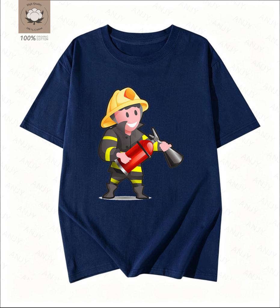 Simple Cartoon Firefighter Printed Tshirt Pays Tribute To The Daily Commuting Short Sleeved Reverse Traveler