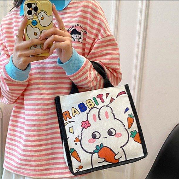 Japanese cute canvas bag bunny printed cartoon less tutoring bag go out hand carry bento bag wholesale