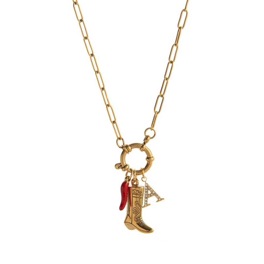 Retro Fish Boots Flower Loop Necklace with Multiple Pendants DIY Boots Love Pearl Plated 18K Gold Color Preserving