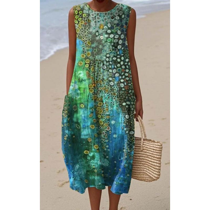 Summer new sleeveless pocket casual printing temperament long dress dress slim dress