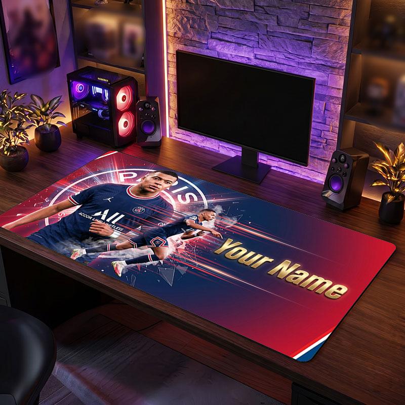 Kylian Mbappe Custom Large Mouse Pad, Personalized Name Text Print, Football Logo Non‑Slip Desk Mat Gaming Gift