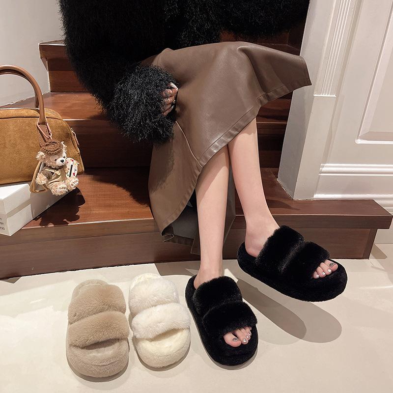 Thick-bottomed one-word fluffy slippers for women's outer wear 2025 new comfortable and lightweight one-pedal home office slippers