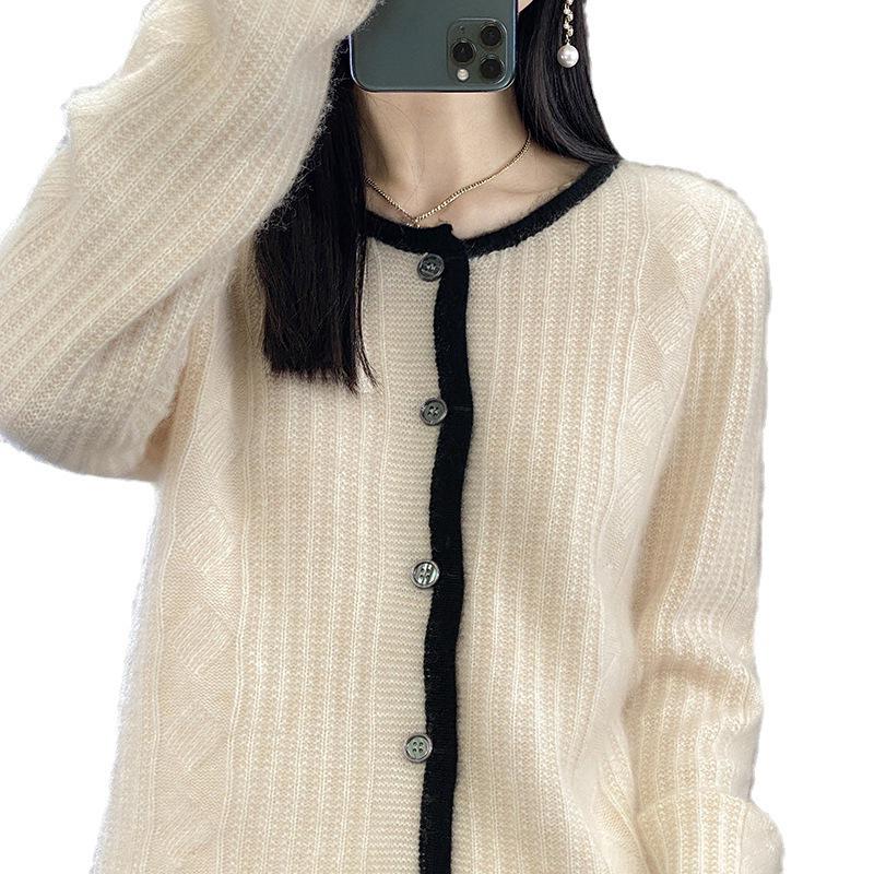 Women's 23-Color Block Round Neck Pure Wool Cardigan - Long Sleeve Knit Sweater