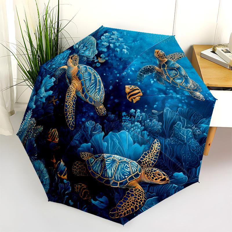 Sea Turtle Pattern, Automatic Folding Umbrella, Portable and Foldable Design, 8 Ribs, a Christmas or Birthday Gift.