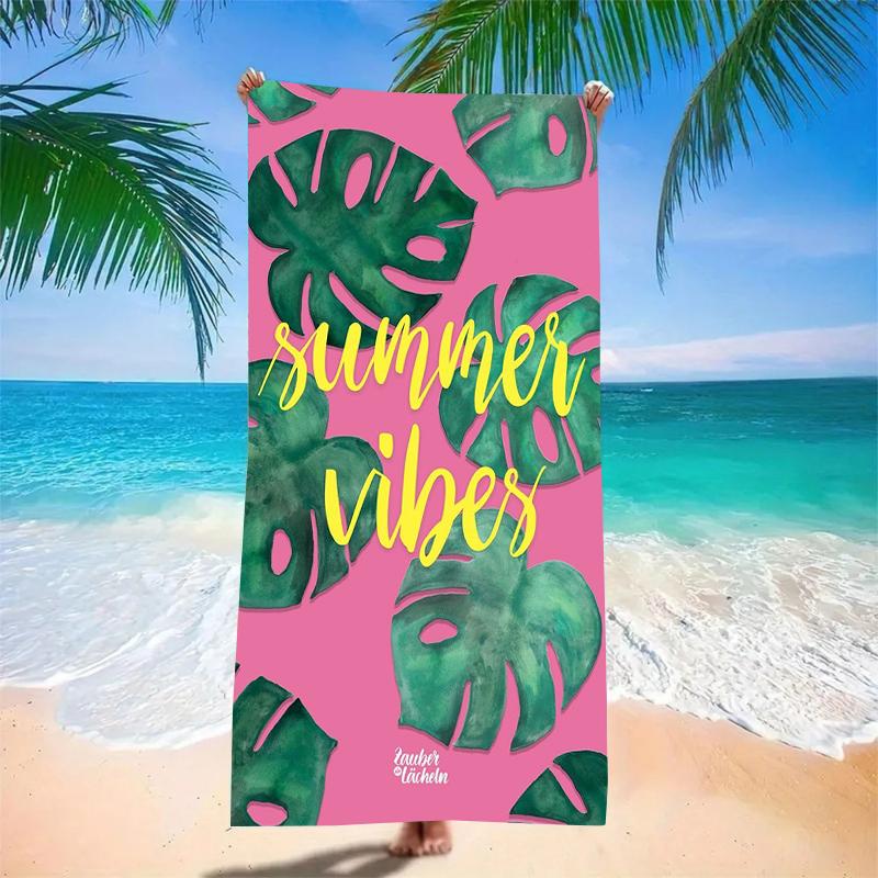 Summer Vibes Beach Towel Pink Background With Green Monstera Leaves Typography Design Microfiber Towel 50x100cm