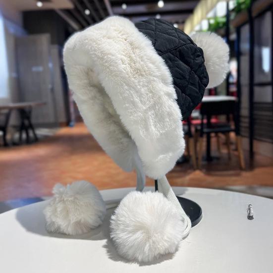 Women Quilted Hat Winter Padded Warm Hat with Cute Pom Pom Ear Protection Fuzzy Hat with Drawstring for Autumn Winter Street Daily Wear