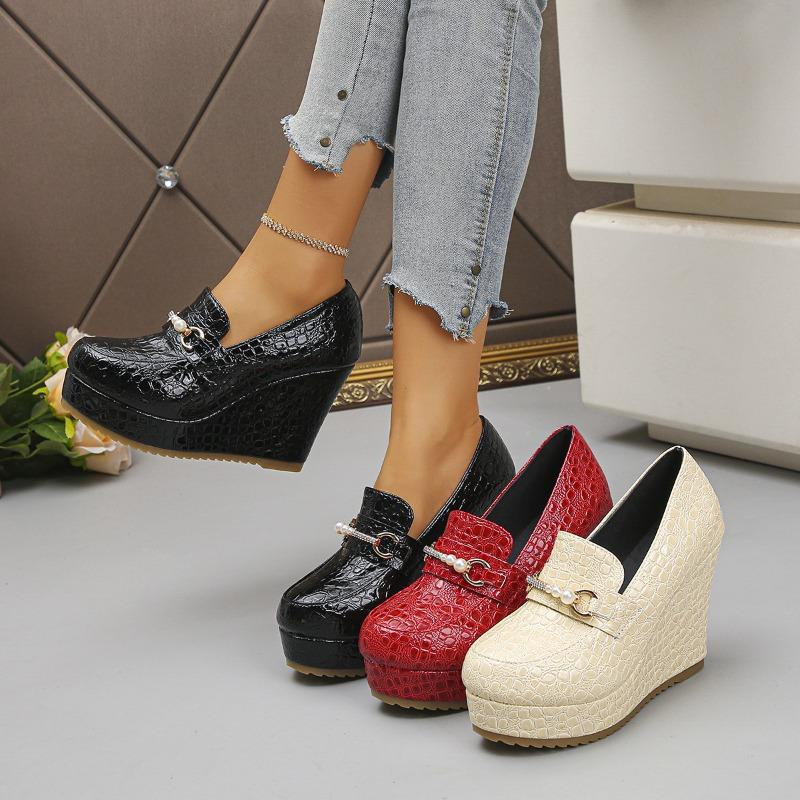 Women's Slip-On Lightweight Wedge Leather Loafers, British Style Comfortable Casual Footwear, Available In Large Sizes.