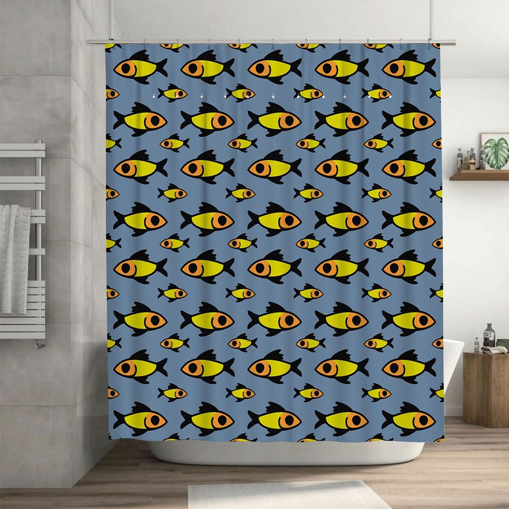 Shower Curtain Fish Pattern Waterproof Bathroom Decor Modern Blue Yellow Schooling Swim Design Fabric Shower Curtains for Bathro