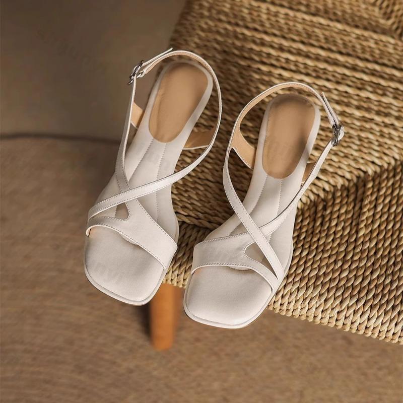 Fashion Women's Sandals Genuine Leather Sheepskin 2025 Summer Square Toe Open Toe Soft High Heels Banquet Dress Female Slingback Sandals
