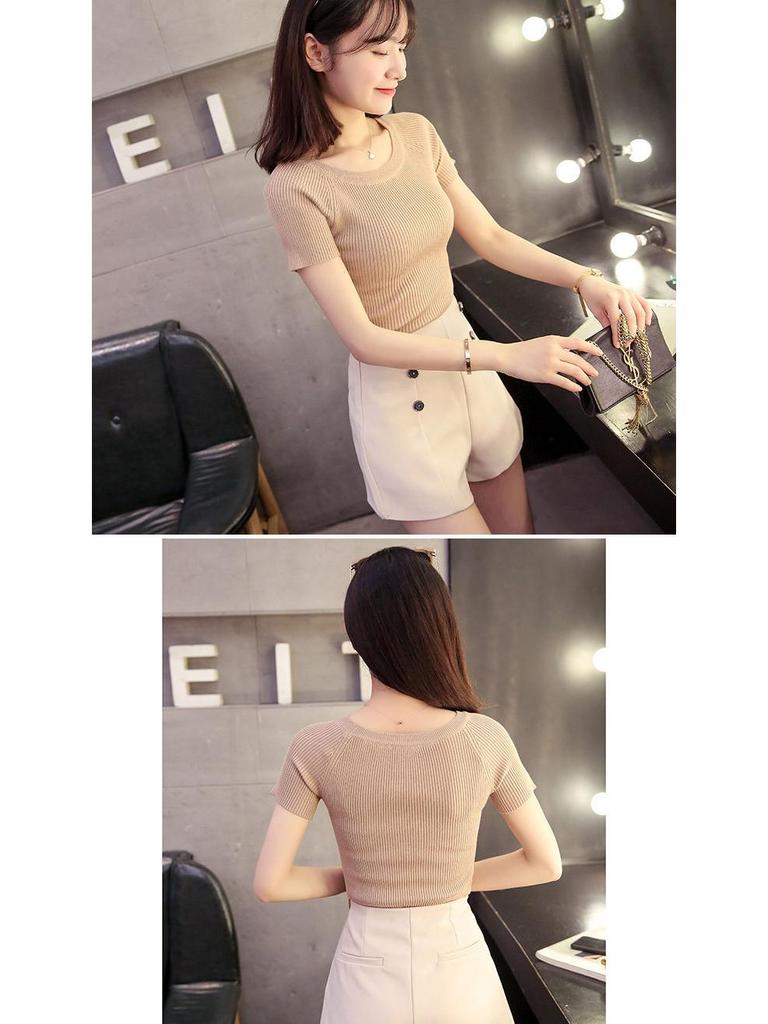 Women's Slim Fit Round Neck Short Sleeve Summer Knit T-Shirt - Solid Color