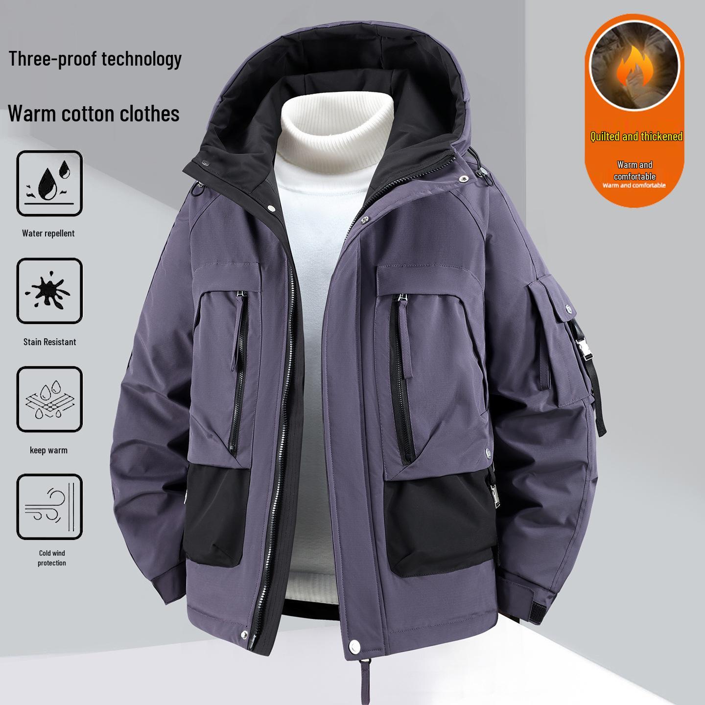 

Waterproof Plus Size Color Block Hooded Cotton Jacket with Large Pockets - Thick, Stain-Resistant, Winter Warm Workwear (350 Jin) 11XL