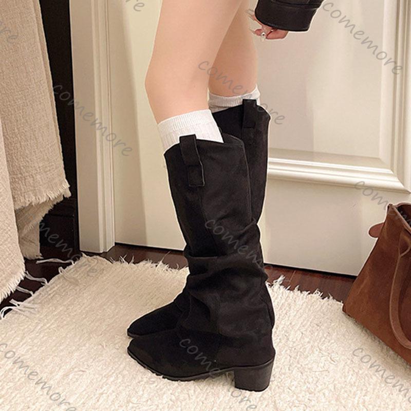 Fashion Comemore Autumn Winter Vintage Woman Knee High Boots Shoes Ladies Elegant Slip on Suede Solid Thick Heeled Long Bota Feminina