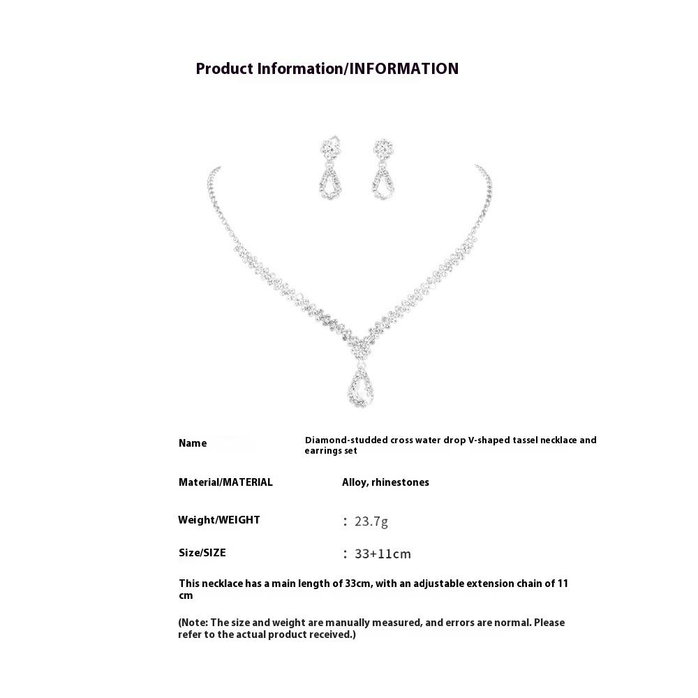 Diamond Water Drop V-shaped Fringed Necklace Earrings Two-piece Set Light Luxury Temperament Niche Collarbone Chain Personalized Jewelry