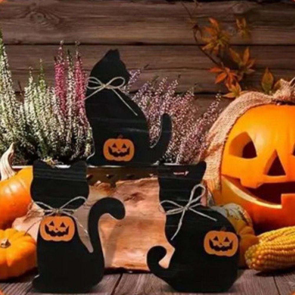 3pcs Vivid Halloween Black Cat Ornament Wooden Animal Statue Funny Cat Sculpture  Cabinet