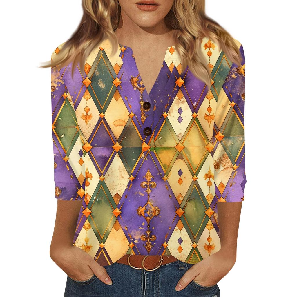Women's Carnival Printed Fashionable Casual V-neck Button Seven Inch Sleeve T-shirt Top