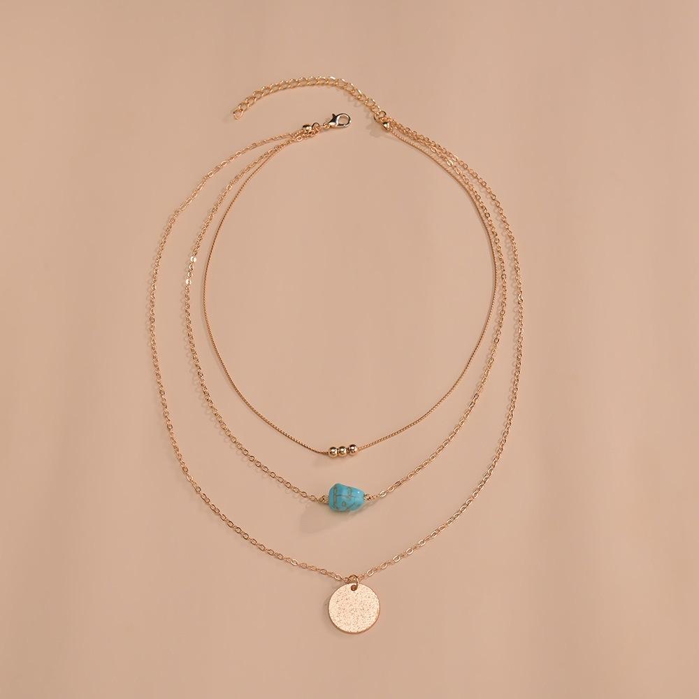 Popular, Geometric Disc Irregular Turquoise Pendant Necklace Ladies Multi-layer Necklace