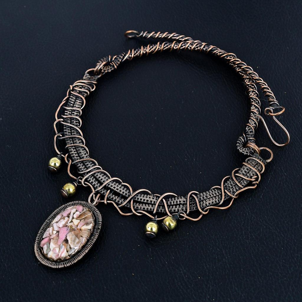 Copper Rhodochrosite Necklace Gemstone Jewelry, 999 Copper Wire Wrapped Necklace, Adjustable Handmade Chain Necklace Gift For Wife Jewelry