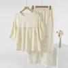 Crew neck pajamas cotton double-layer crepe five-quarter sleeves women's summer and autumn thin trousers cartoon pajamas loose and