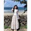2026 set floral long skirt skirt two-piece set round neck slim-fitting front shoulder short-sleeved top T-shirt summer sweet