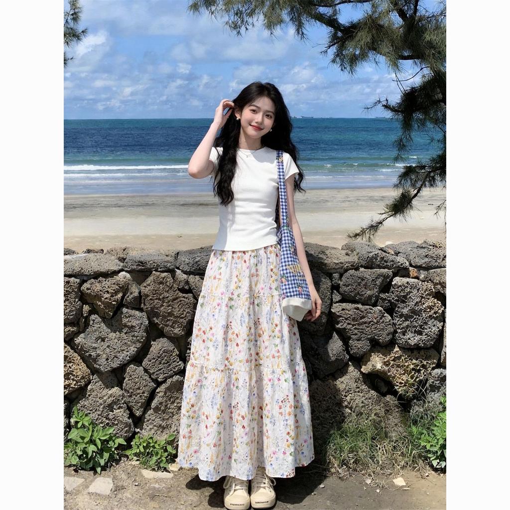 2026 set floral long skirt skirt two-piece set round neck slim-fitting front shoulder short-sleeved top T-shirt summer sweet