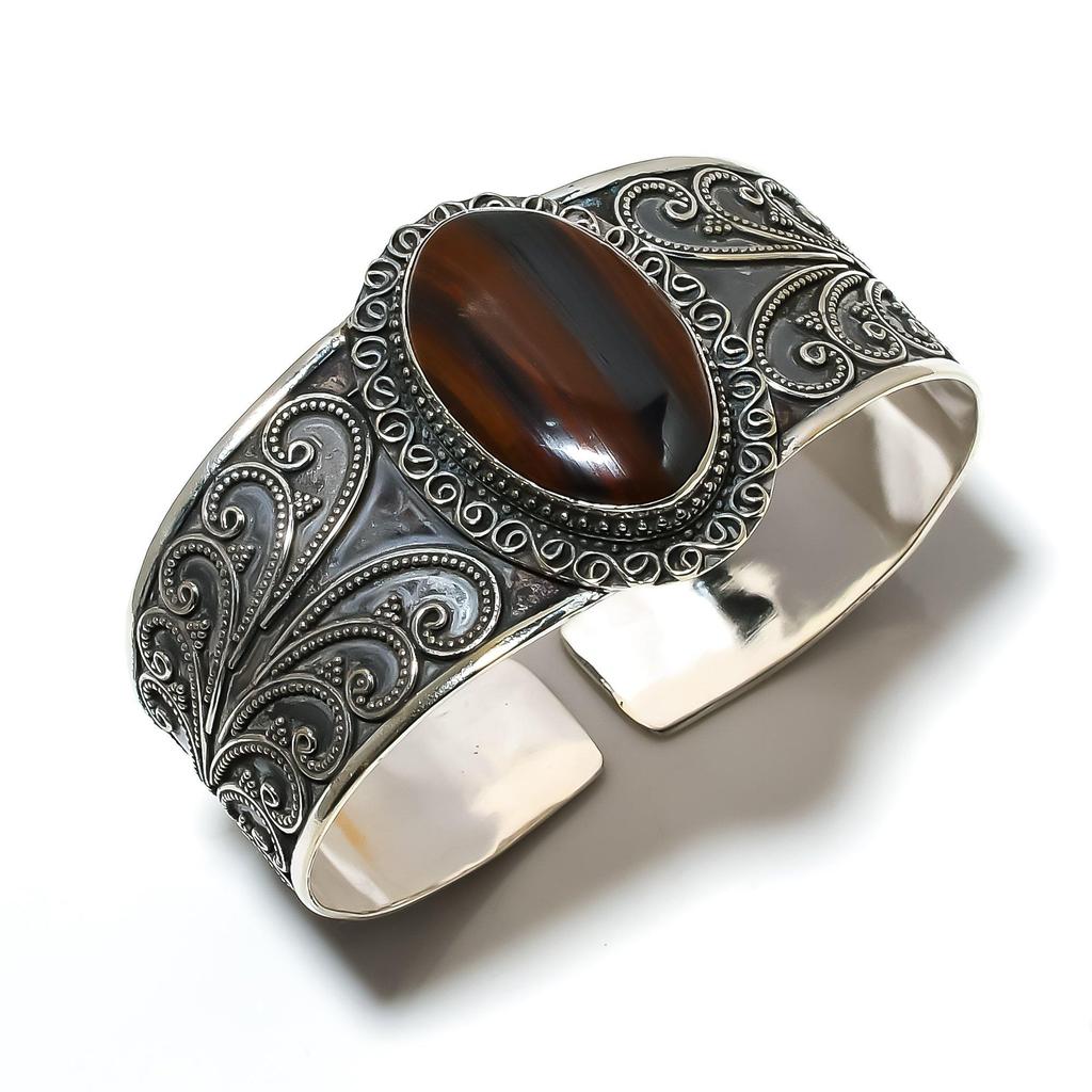 Natural Iron Tiger Eye Gemstone Handmade 925 Sterling Silver Cuff Bangle, Iron Tiger Eye Bangle,For Wife, Unisex Bangle, Wadding GIfts