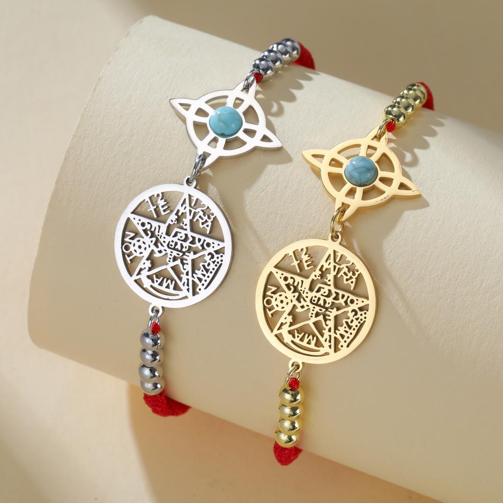 Verstellbares Tetragrammaton Pentagramm Armband für Damen Edelstahl Salomonsiegel Amulett mit Türkis Wicca Schmuck Geschenk