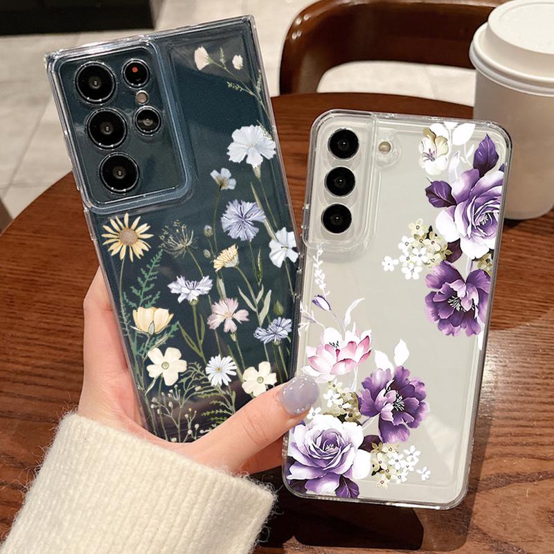 Flower Pattern Phone Case For Samsung Galaxy S26 S25 S24 S23 Ultra S22 Plus S24 S21 FE S25Edge Transparent Shockproof Soft Cover