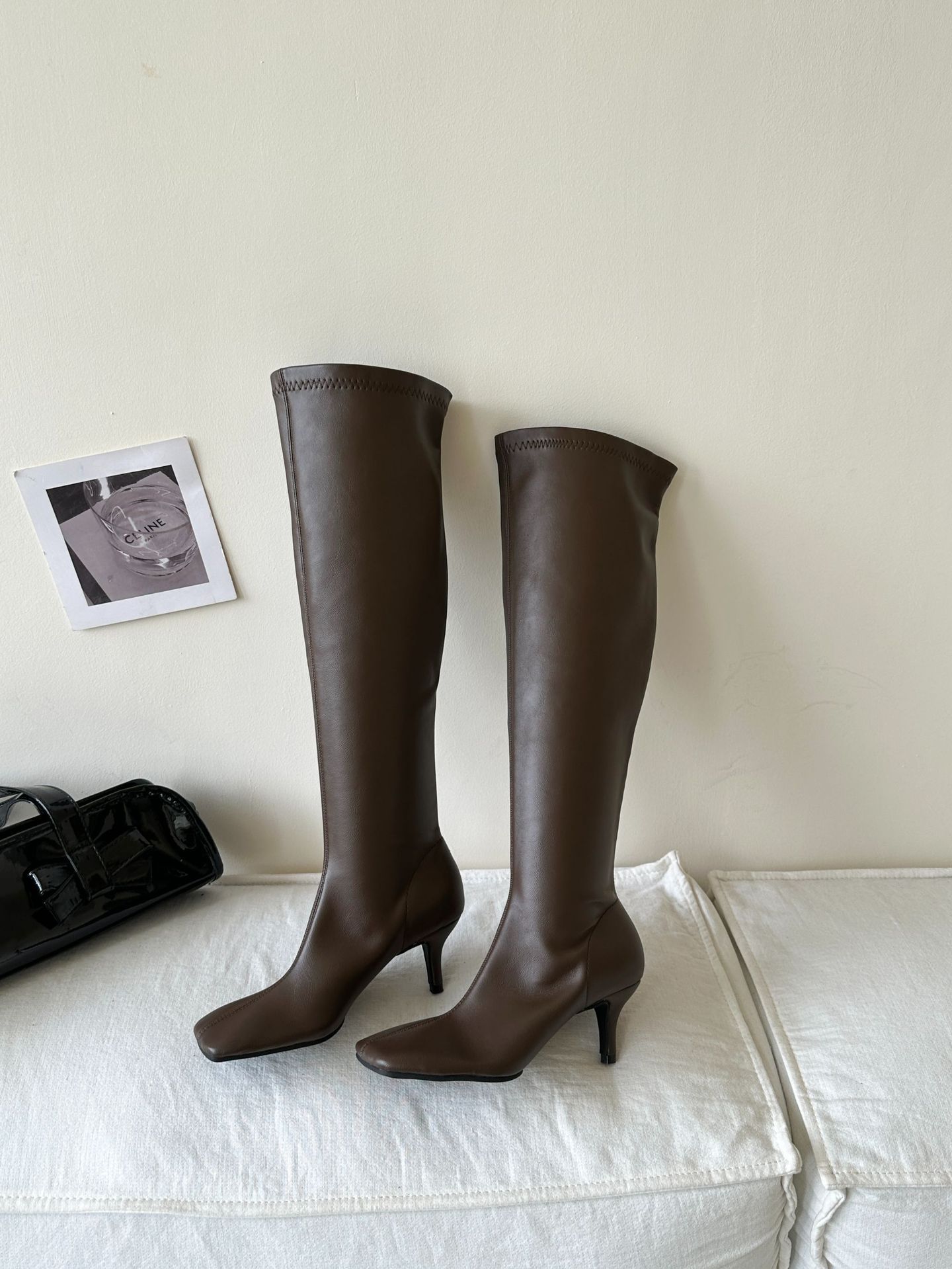 

2025 autumn new square head thin heel high heel temperament thin French fashion sexy stacking boots boots 39 коричневий
