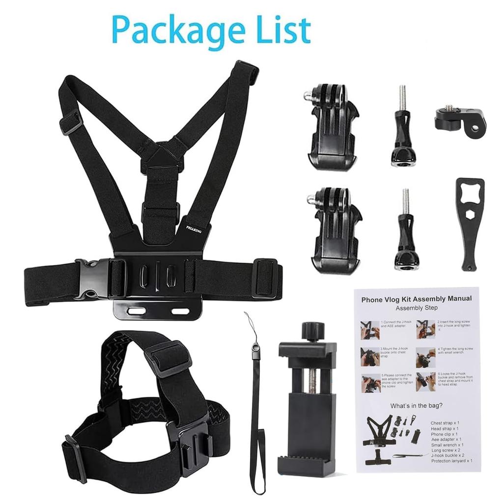 PellKing Handy Brustgurt Geschirr Halterung Kopfband Halter Kit für Handy Clip Kompatibel mit GoPro Hero DJI Action Kameras POV/VLOG, iPhone, Samsung,