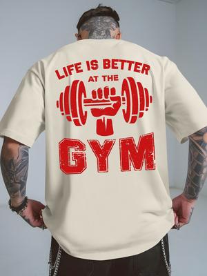 MenS Life Is Better At The Gym Graphic TShirt Casual White ShortSleeve Tee with Dumbbell Design Breathable Short Sleeve