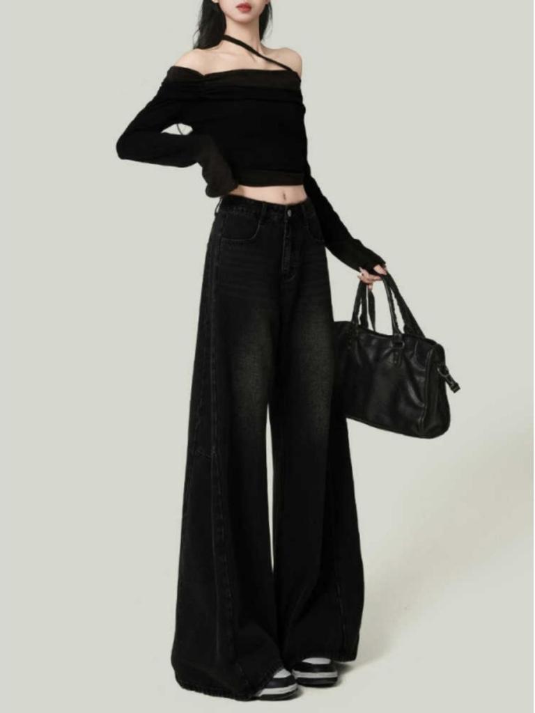 Women's Retro High-Waisted Wide-Leg Gray Jeans - 2025 Spring/Autumn Collection