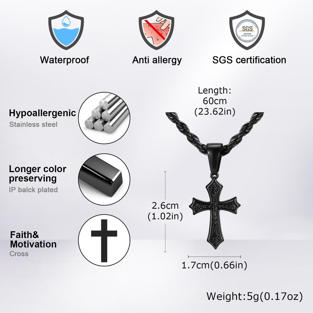 Personality Stainless Steel Cross Pendant Necklace for Men Boys, Retro Religious Faith Prayer Jewelry Gift