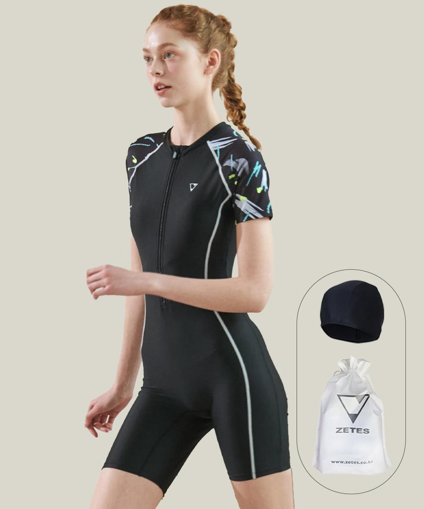 Jeteseu Women'S Aqua Zip-Up Slim Short Sleeve Half-Body Indoor Swimsuit Gr Rough L_4A453