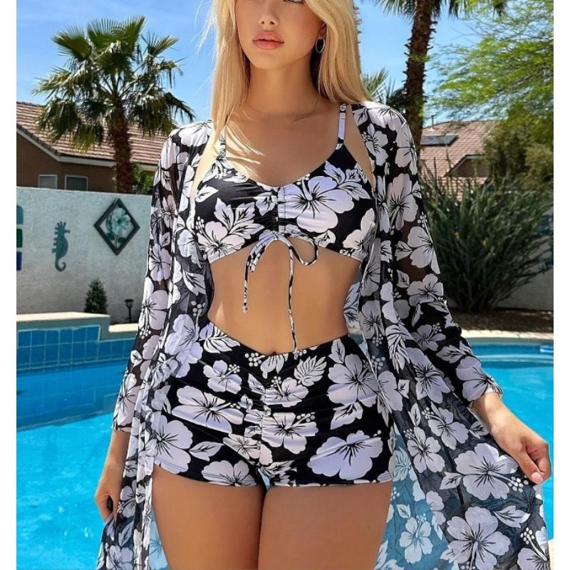 3-Delige Sexy Bedrukte Bikini's Dames Hoge Taille Zwempak Cover-up Zwemkleding Vrouwelijke Dame Badpak Zwemmen Zomer Strandkleding
