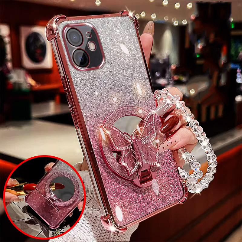 Mirror Butterfly Folding Stand Bracelet Phone Case For Samsung A56 A36 A26 A16 A06 S25 FE S24 Ultra S23 FE Plus Shockproof Cover