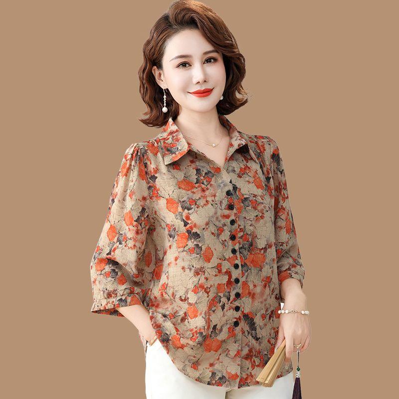 

Ladieswear Summer Clothing Short Sleeve Shirt Women s 2024 New Arrival Shirt Middle-Aged and Elderly Women s Fashionable 40-Year-Old 50 Top Clothes Red small flower XL