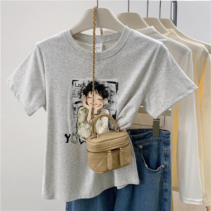 

2024 Korean Summer Chic Print Slimming Women s Short Sleeve T-Shirt L білий