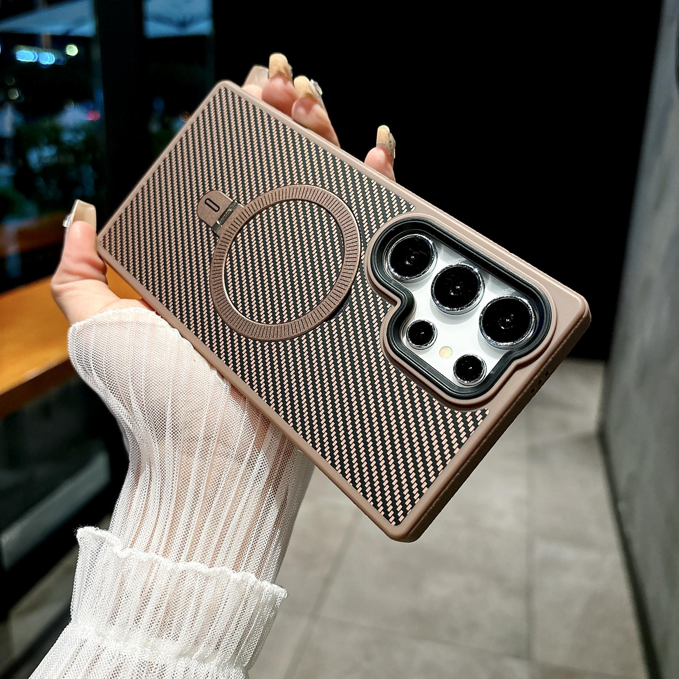 

For S24 Ultra Carbon Fiber Leather Magnetic Bracket Phone Case for Samsung Galaxy S24 Ultra Plastic Hard Shell Ring Holder Cover For Samsung Galaxy S24 Ultra