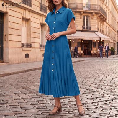 Women Casual Turn Down Collar Solid Color Short Sleeve Pleated Dress