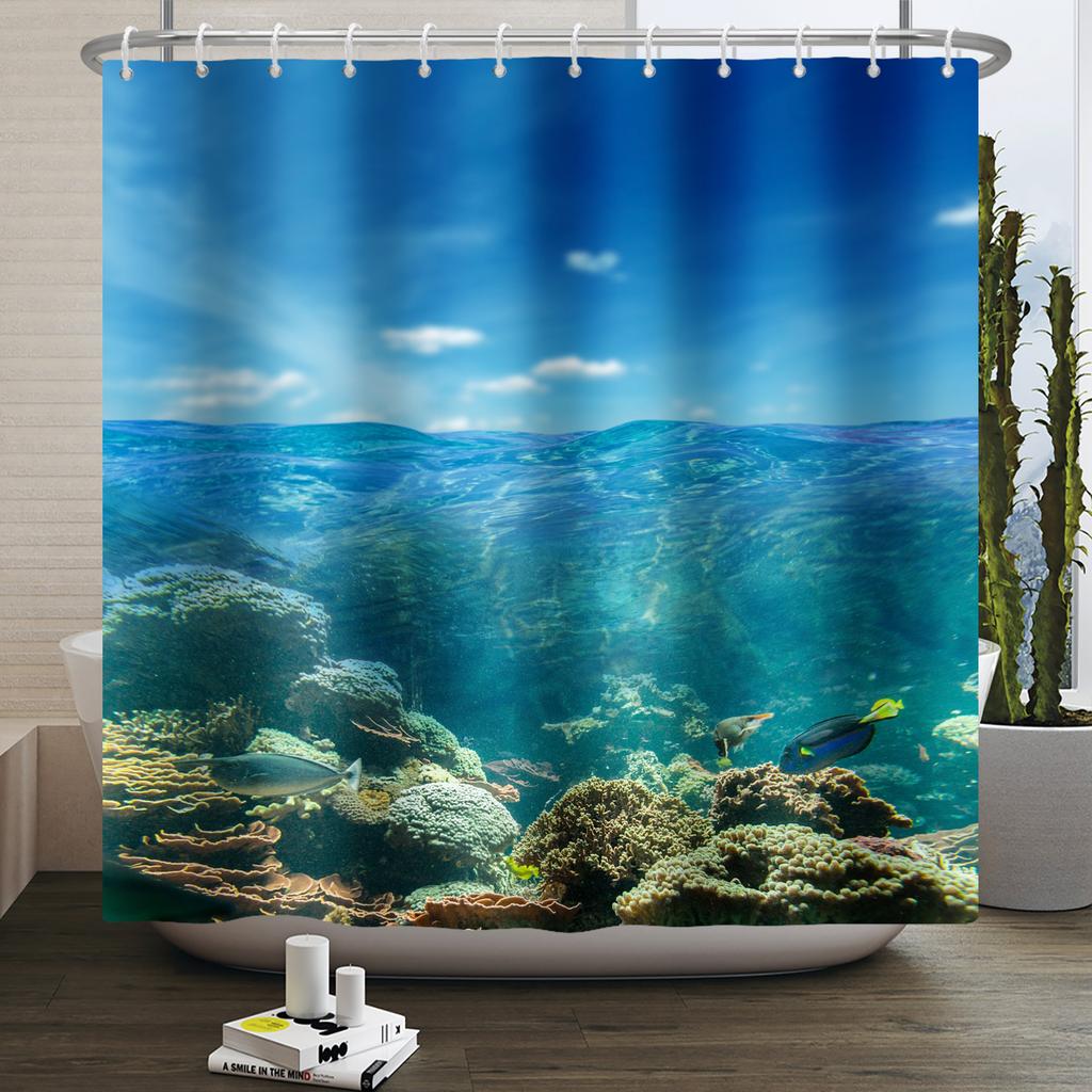 Underwater World Ocean Shower Curtain for Bathroom Seabed Animals Sea Turtle Dolphin Fish Waterproof Bathroom Curtain With Hooks