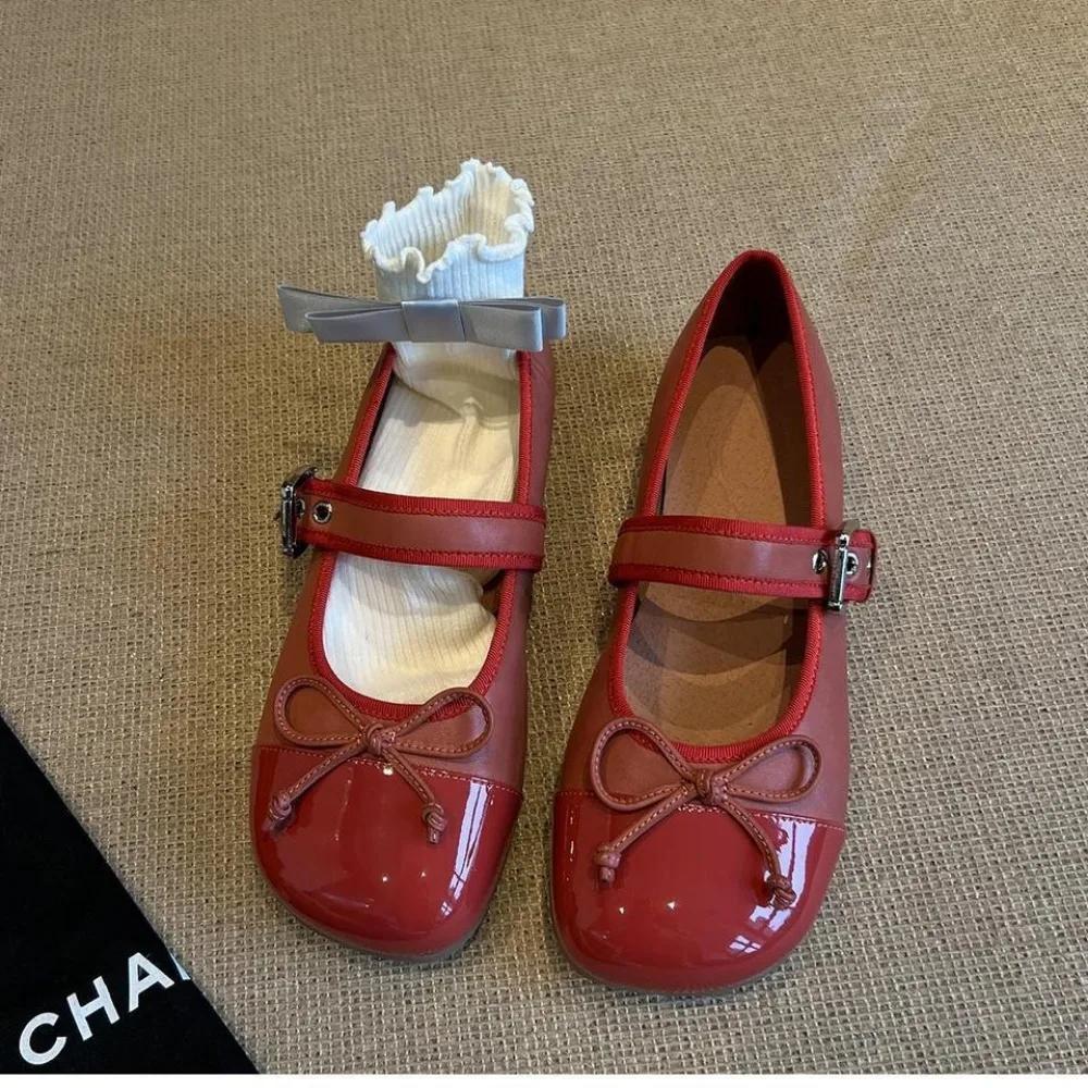 Fashion French Retro All-match One-word Buckle Mary Jane Shoes Women's 2025 Spring and Autumn New Bow Flat Shoes Casual Single Shoes