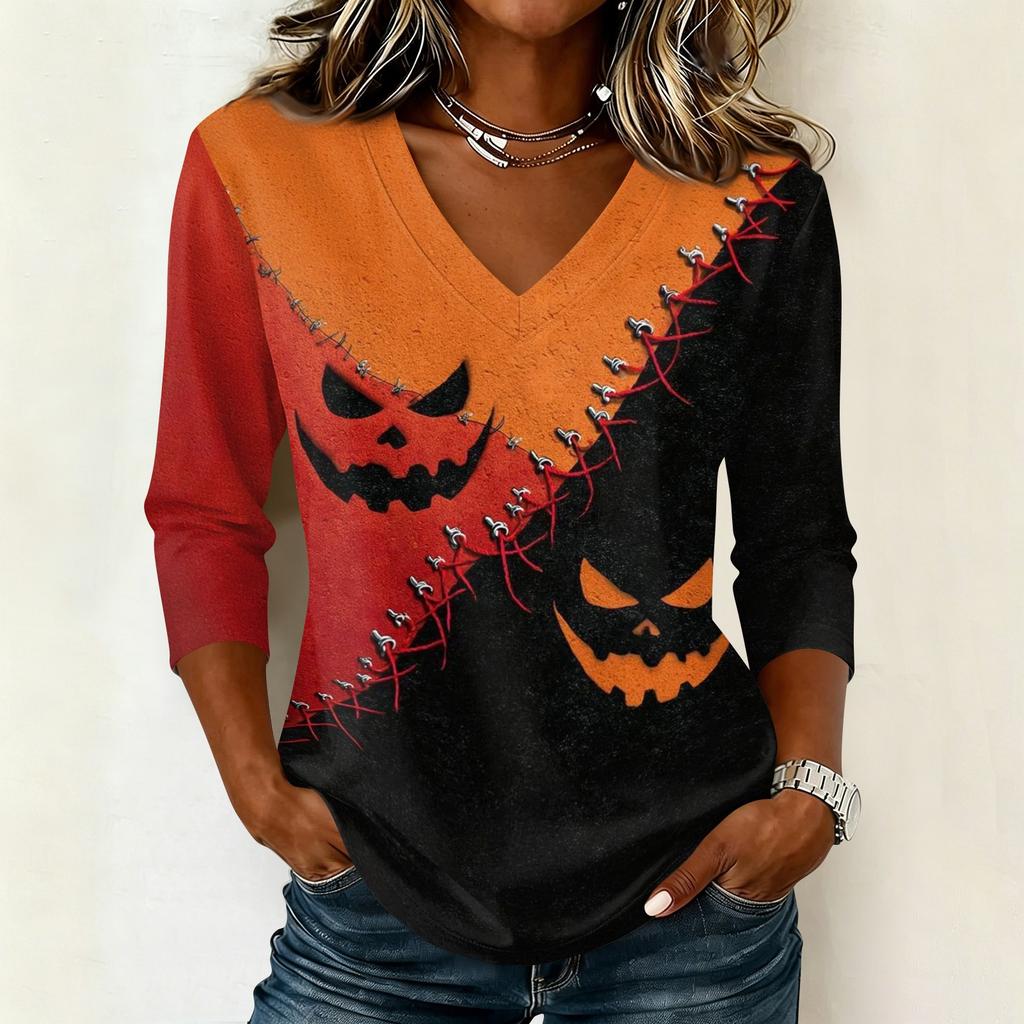 Women's Casual V Neck Halloween Print 3/4 Sleeve T Shirt Top Lightweight Soft Fabric Comfortable Fit Stylish Design for Everyday Wear