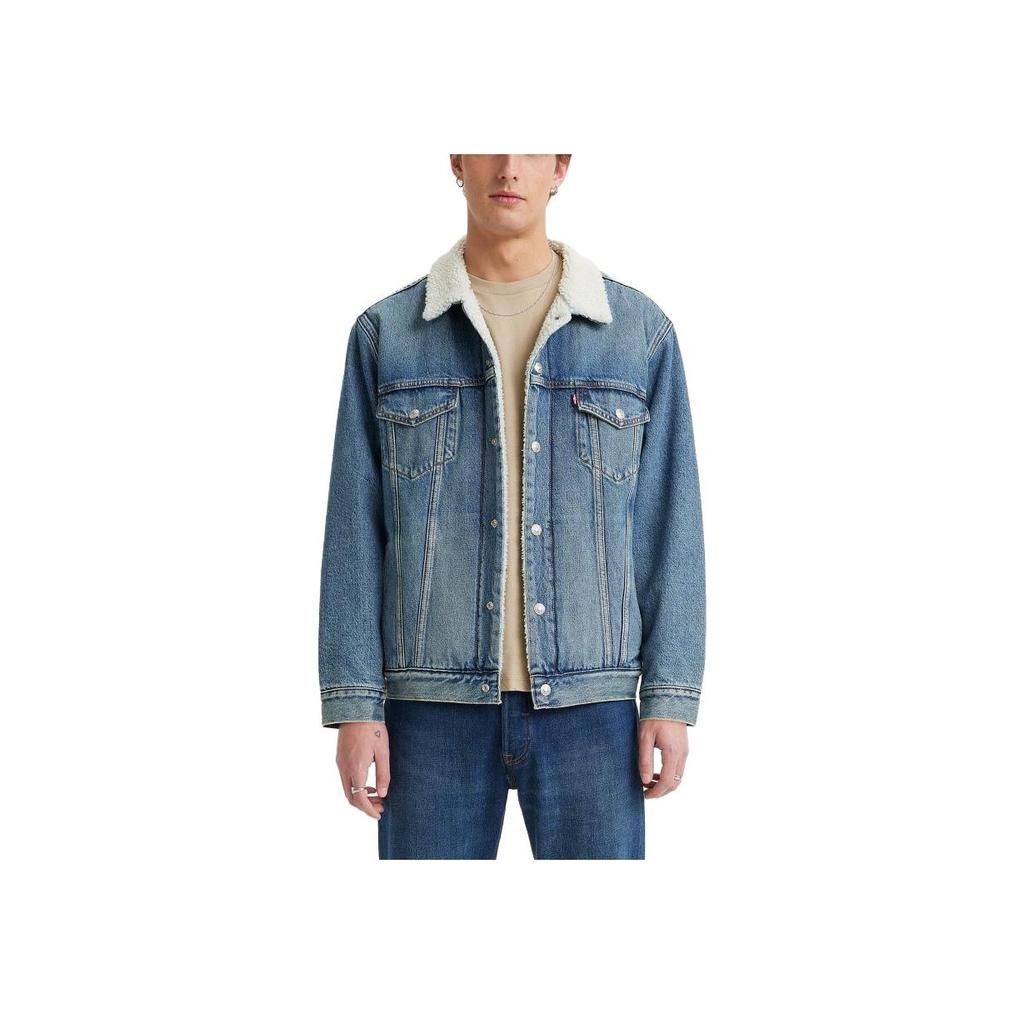 Levis Water-Washed Turn-Down Collar Faux Shearling Denim Jacket Men jackets Blue A5784-0002
