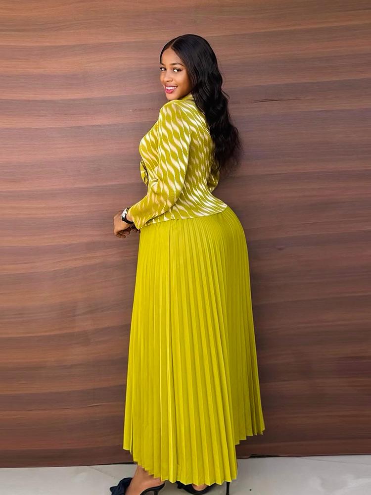 Plus Size Women's High-End Gold Foil Print Pleated Dress with Faux Two-Piece Long Skirt - Casual Style