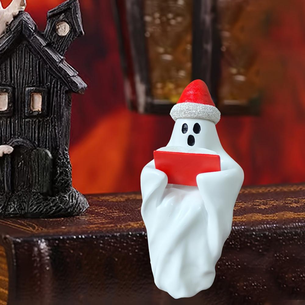 Resin Ghost Ornament Festive Halloween Ghost Statue with Christmas Hat Book Resin Figurine Sculpture for Holiday Party Desktop