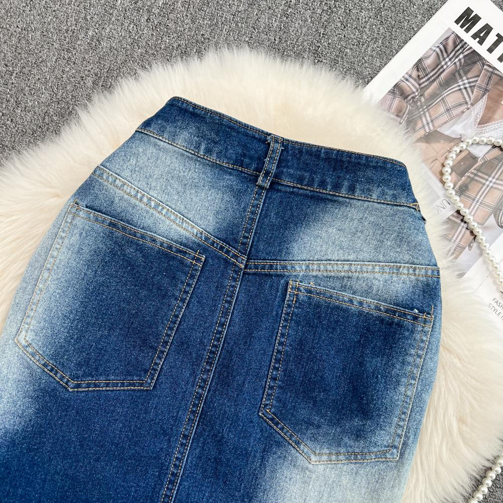 Gradient Color Denim Skirt Women's Autumn Retro High Waist Slim A-Line Short Skirt