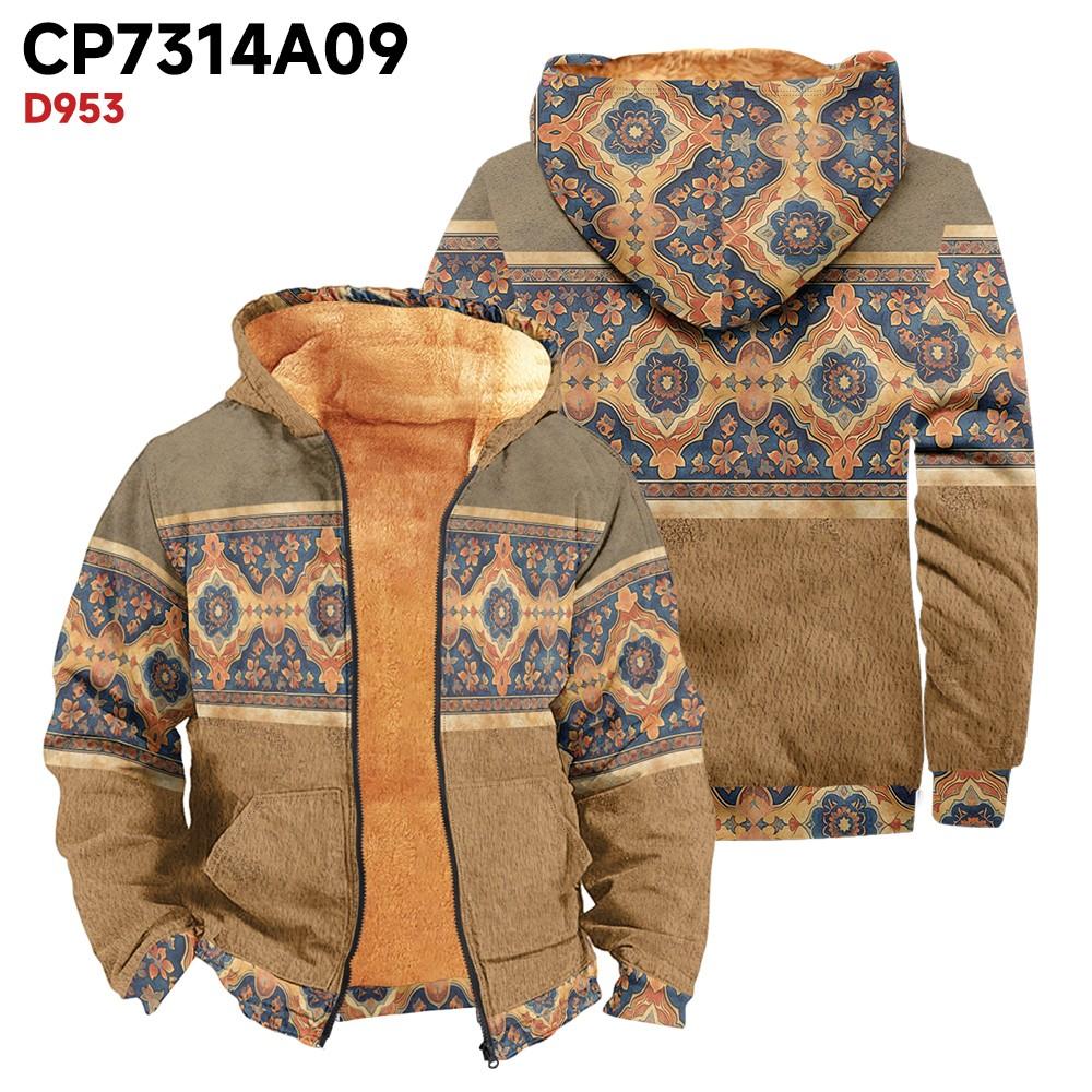 Men's Print Long Sleeve Pocket Coat Fashion Plus Velvet Overcoat