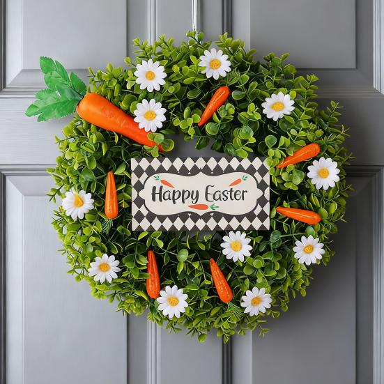 Artificial Eucalyptus Wreath with Carrots Spring Summer Wildflower Wreath with Green Leaves for Front Door Wall Window Porch Easter Party Decor