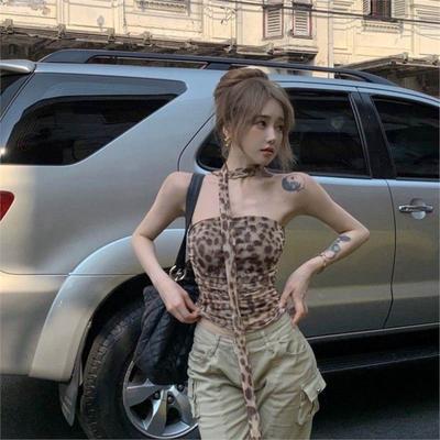 Leoparden Tüll Crop Top Damen Print Gerafftes Korsett Top Frau Vintage Sommer Neckholder Top Rückenfrei Sexy Party Tops für Damen