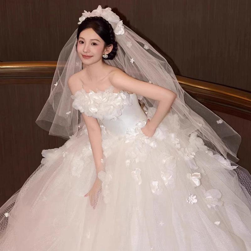 Large Size Wedding Dress Bride 2025 New Wedding Dress Flower Tube Top Trailing Tail Fat MM Thin Dress Yarn Advanced